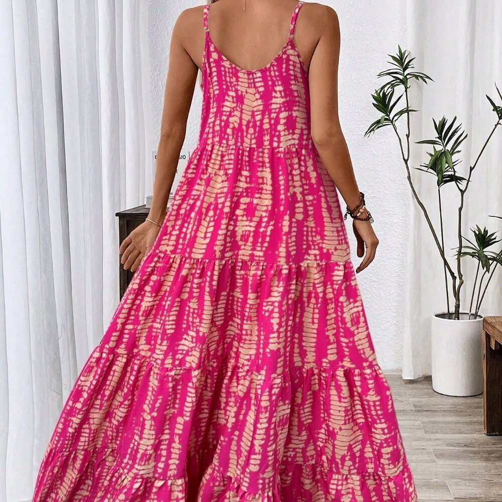 Hot Pink Boho Women's Holiday Casual Random Printed Strappy Dress Maxi Outfit - Picture 2 of 7